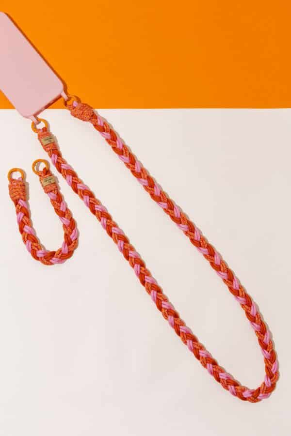 Braid Mobile phone lanyard, knitted, Pink/Orange/Flame